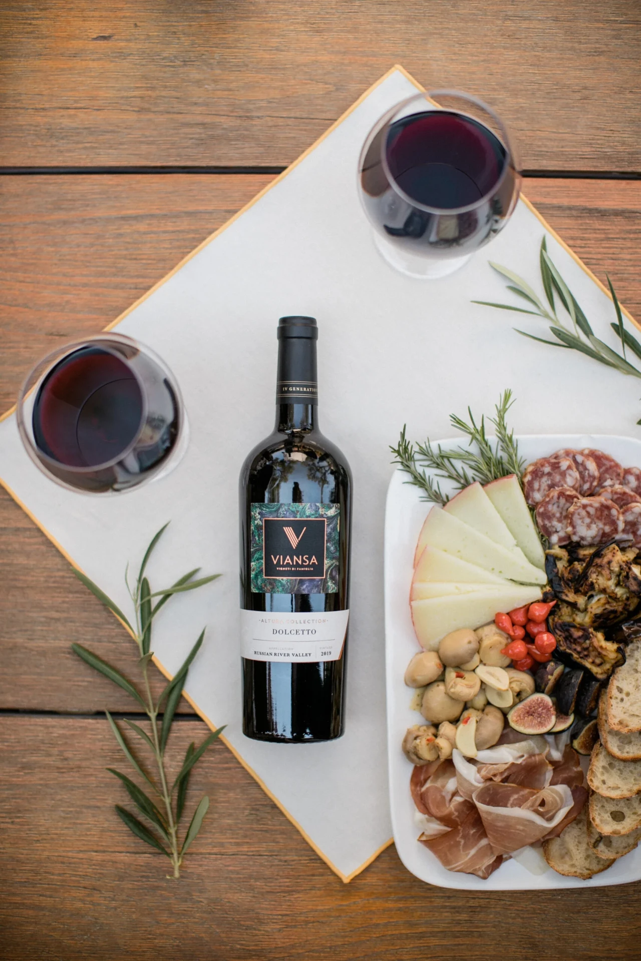 Viansa Dolcetto with charcuterie board