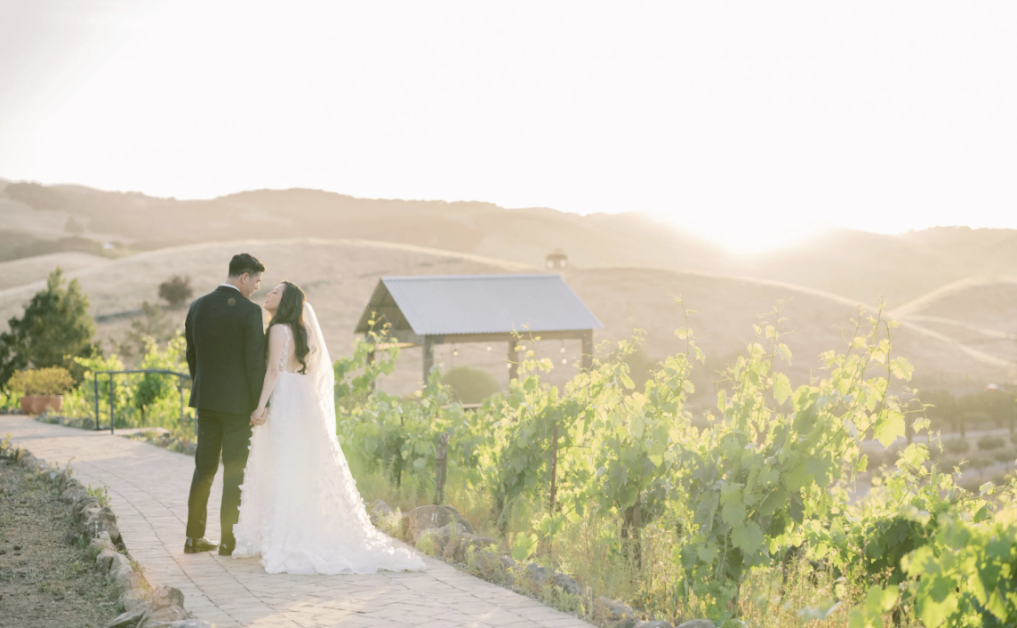 Couple at golden hour among the vines